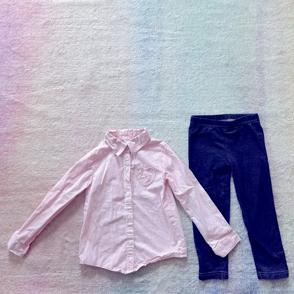Carter’s Bundle of Pink Striped Button-Down and Denim Leggings - 3T